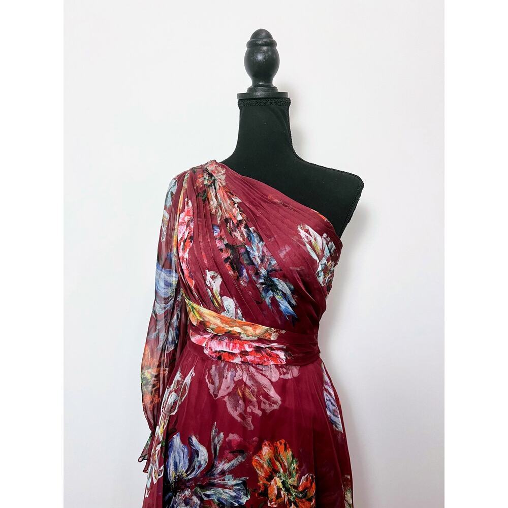 Marchesa Notte Floral Printed Cocktail Dress Burgundy Size 0 One Shoulder Lined - Picture 3 of 8